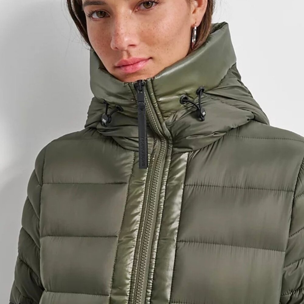DKNY Jeans Womens Down Quilted Hooded Puffer Coat Olive Green Size Med MSRP $229 - Picture 6 of 6